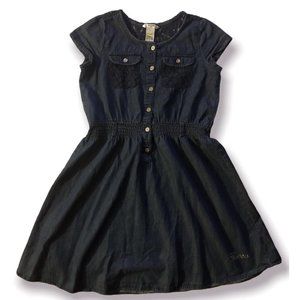 Guess Dress Girls Blue Chambray Denim Button Front Dress Lace Detailed Pockets